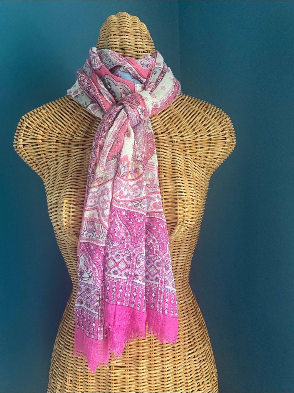 J Jill 100% Cotton Scarf or Wrap Pink Grey  Yellow Pattern 24” x  70”  Fringe